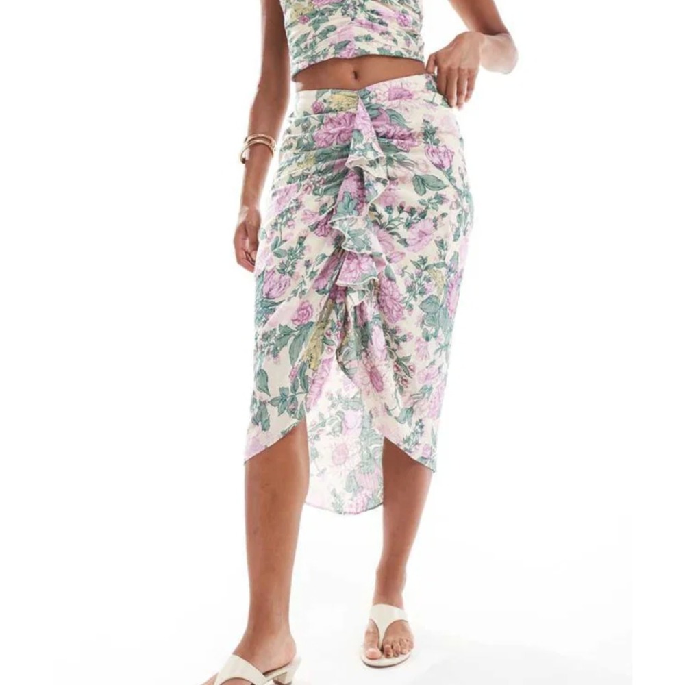 NEW Abercrombie A&F Crinkle Cascading Ruffle Midi Skirt Floral Pastel Womens XLP